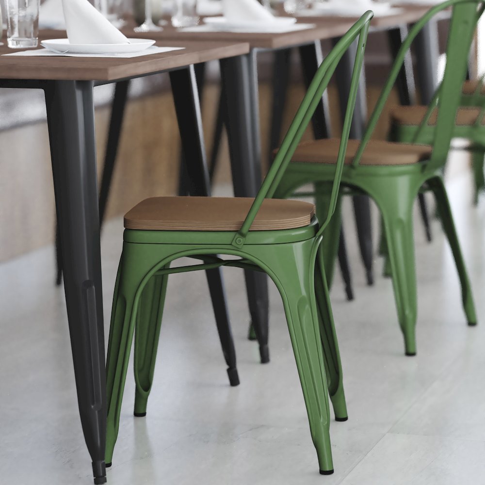 Green Metal Indoor-Outdoor Stackable Chair with Teak Poly Resin Wood Seat