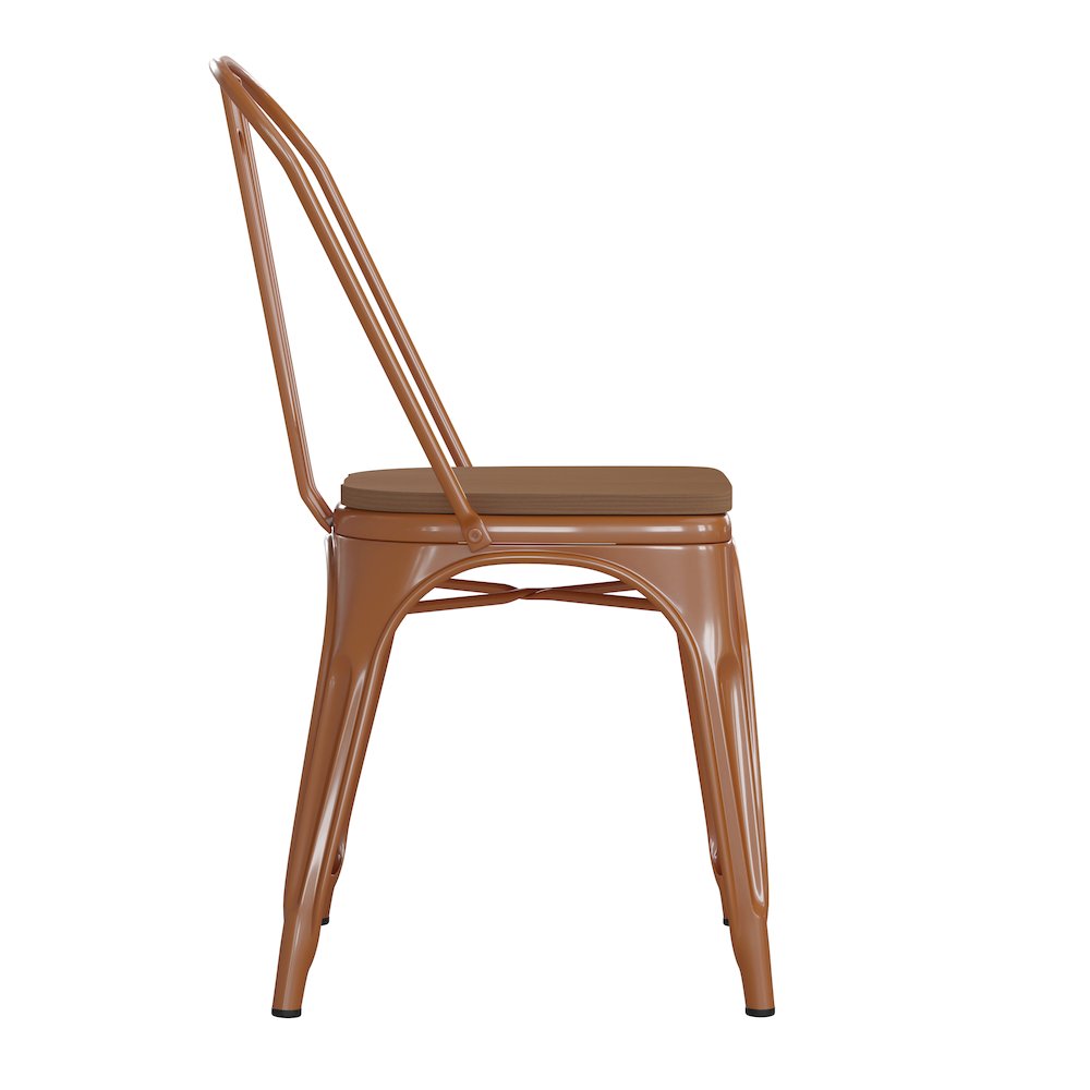 Orange Metal Indoor-Outdoor Stackable Chair with Teak Poly Resin Wood Seat