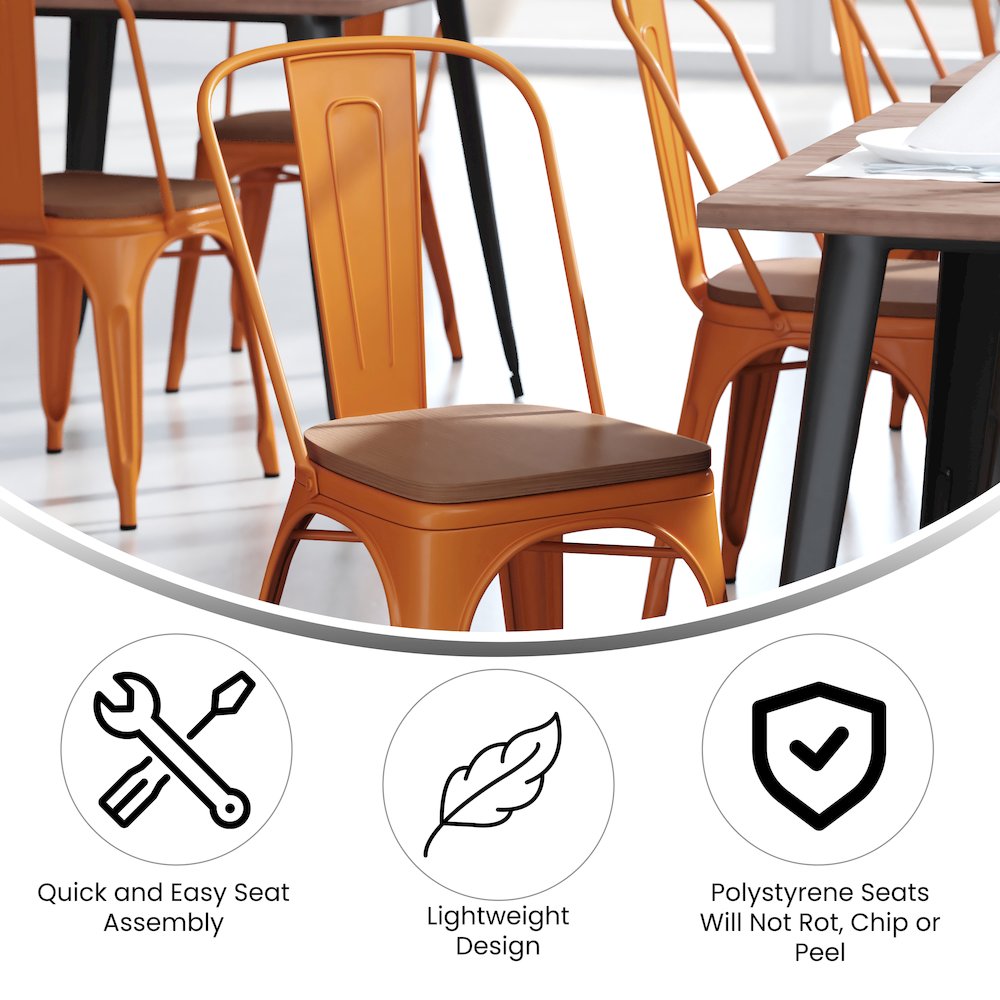 Orange Metal Indoor-Outdoor Stackable Chair with Teak Poly Resin Wood Seat