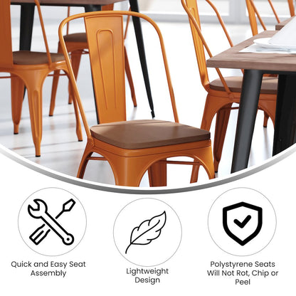 Orange Metal Indoor-Outdoor Stackable Chair with Teak Poly Resin Wood Seat