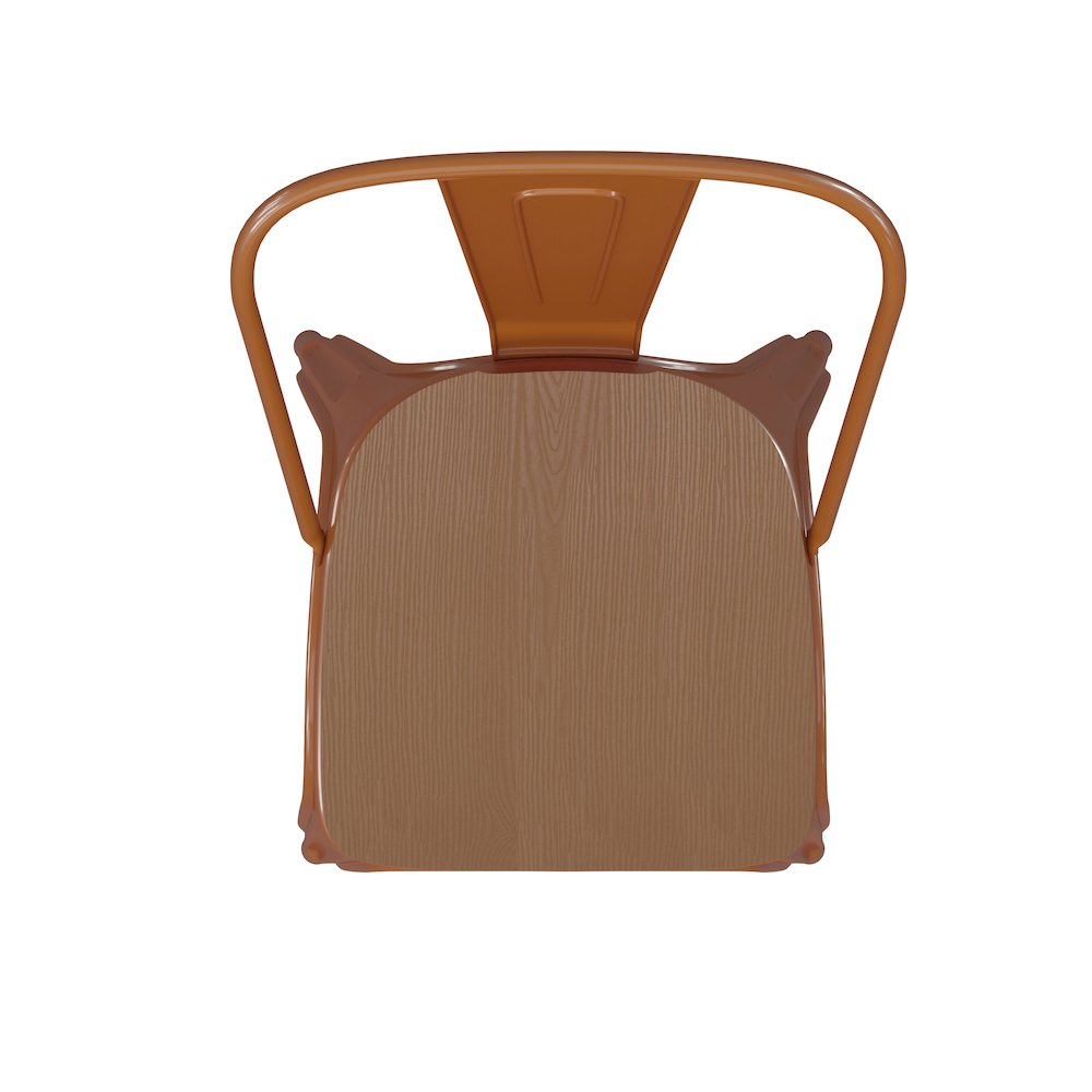 Orange Metal Indoor-Outdoor Stackable Chair with Teak Poly Resin Wood Seat