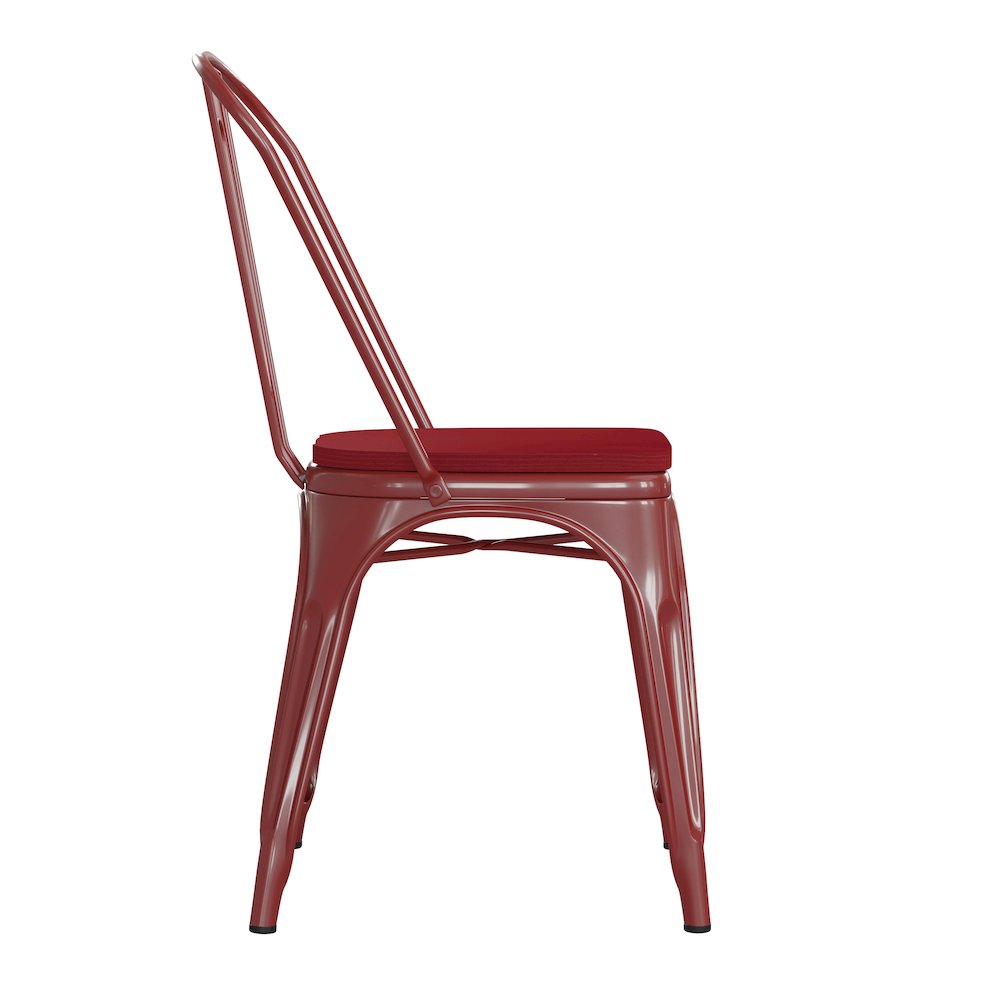 Red Metal Indoor-Outdoor Stackable Chair with Red Poly Resin Wood Seat