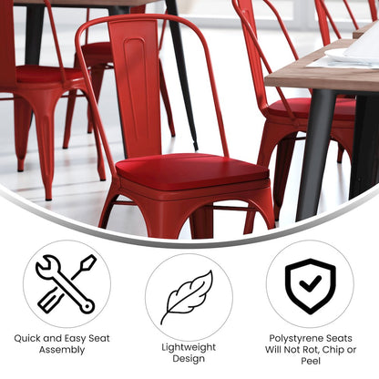 Red Metal Indoor-Outdoor Stackable Chair with Red Poly Resin Wood Seat