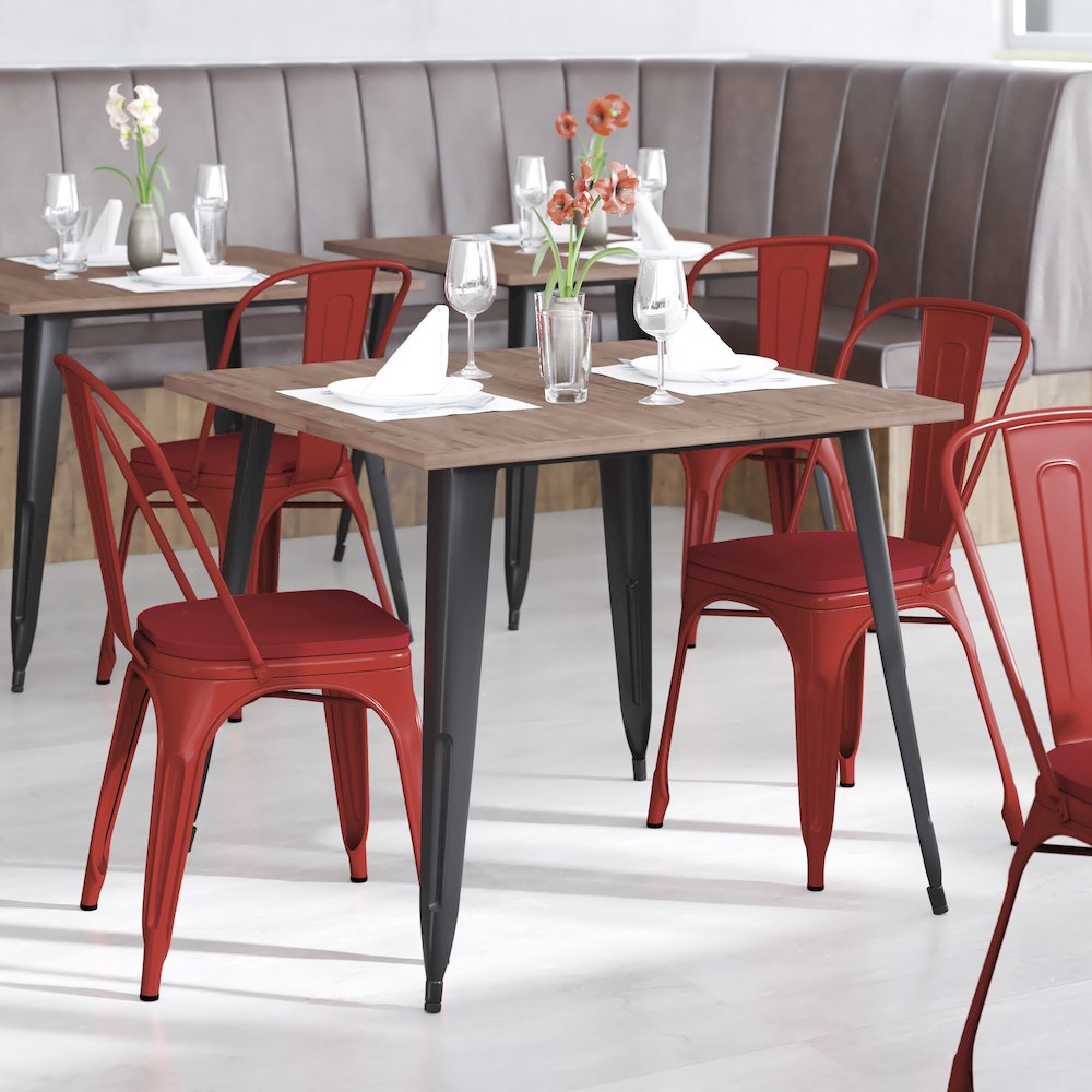 Red Metal Indoor-Outdoor Stackable Chair with Red Poly Resin Wood Seat