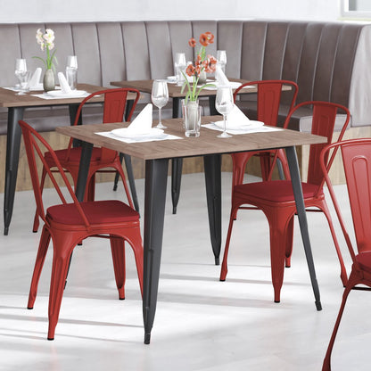 Red Metal Indoor-Outdoor Stackable Chair with Red Poly Resin Wood Seat