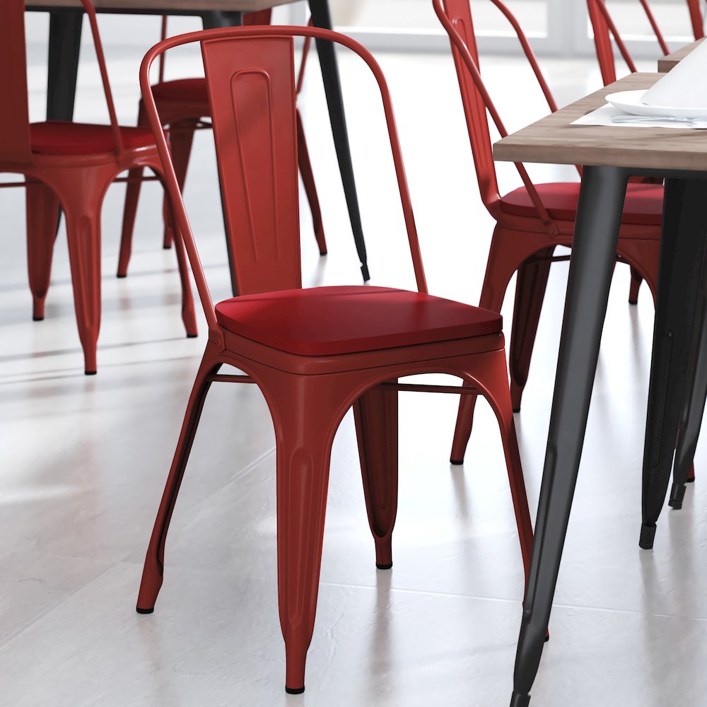 Red Metal Indoor-Outdoor Stackable Chair with Red Poly Resin Wood Seat