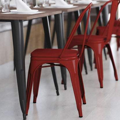 Red Metal Indoor-Outdoor Stackable Chair with Red Poly Resin Wood Seat