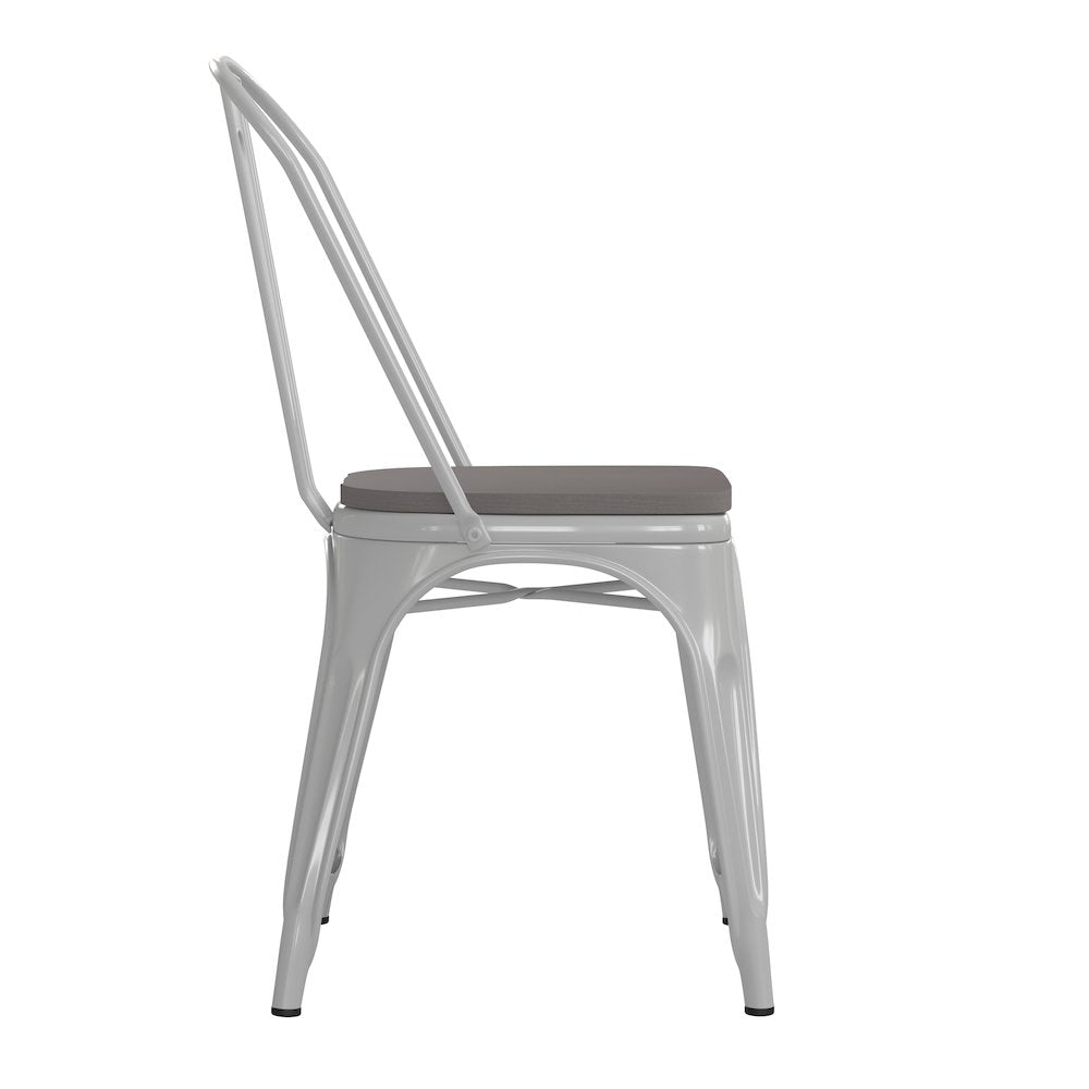 White Metal Indoor-Outdoor Stackable Chair with Gray Poly Resin Wood Seat
