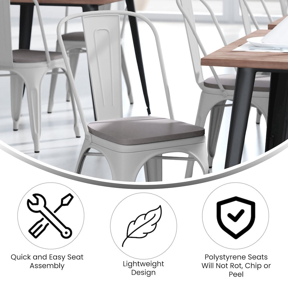 White Metal Indoor-Outdoor Stackable Chair with Gray Poly Resin Wood Seat