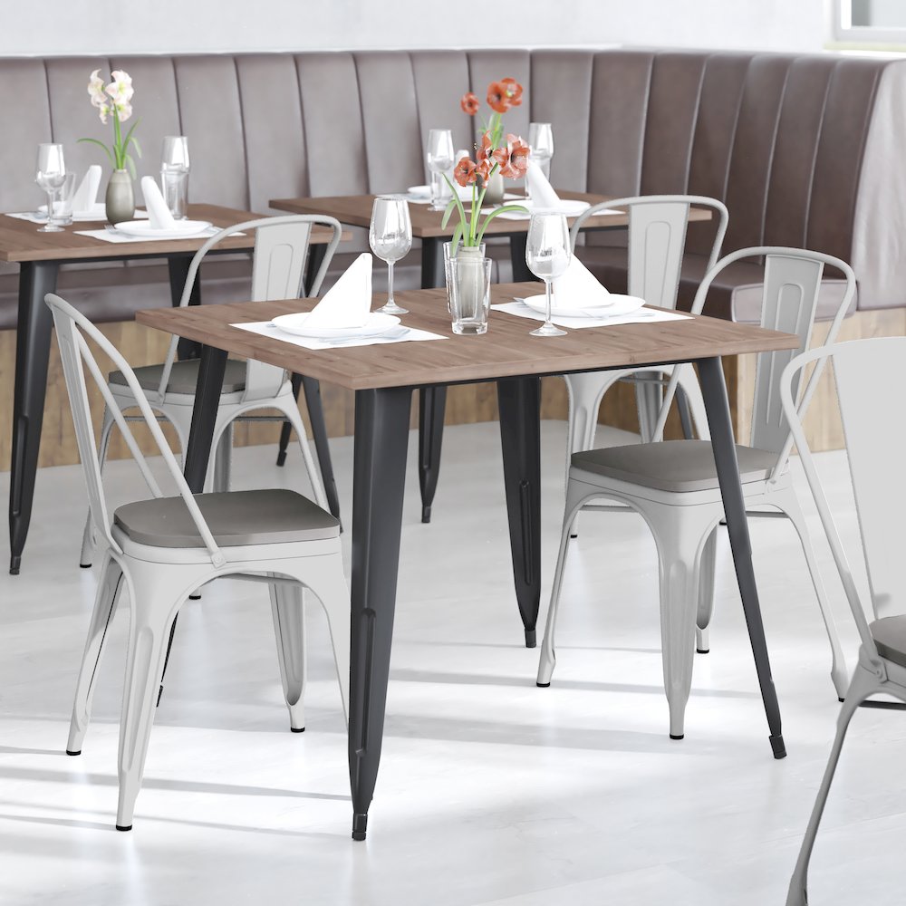 White Metal Indoor-Outdoor Stackable Chair with Gray Poly Resin Wood Seat