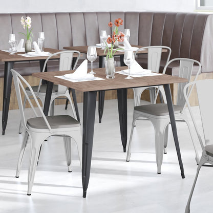 White Metal Indoor-Outdoor Stackable Chair with Gray Poly Resin Wood Seat
