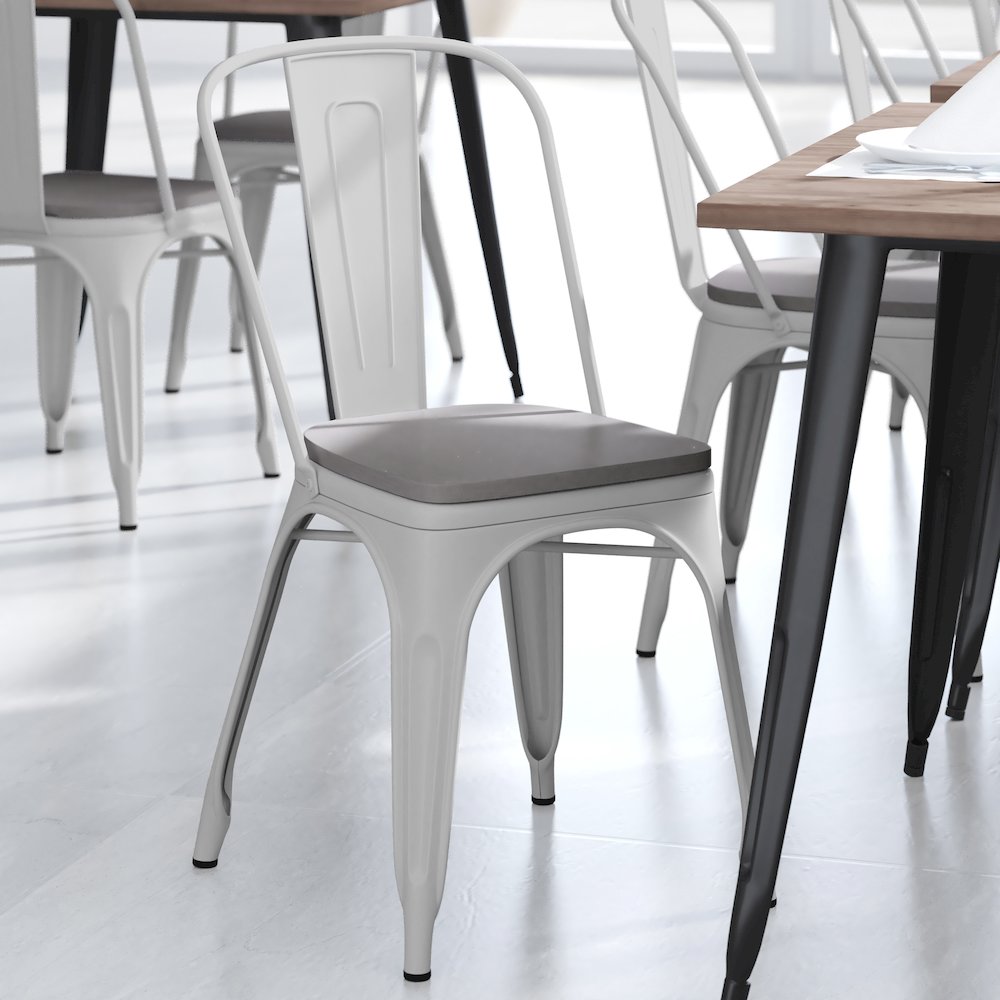 White Metal Indoor-Outdoor Stackable Chair with Gray Poly Resin Wood Seat