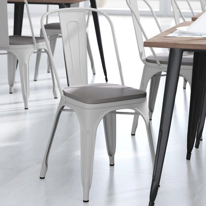 White Metal Indoor-Outdoor Stackable Chair with Gray Poly Resin Wood Seat