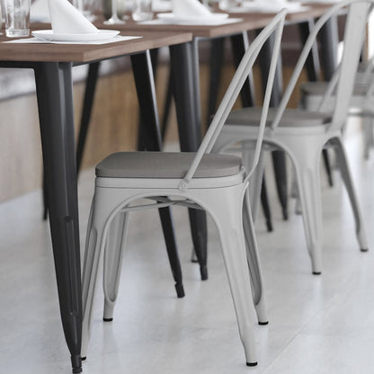 White Metal Indoor-Outdoor Stackable Chair with Gray Poly Resin Wood Seat