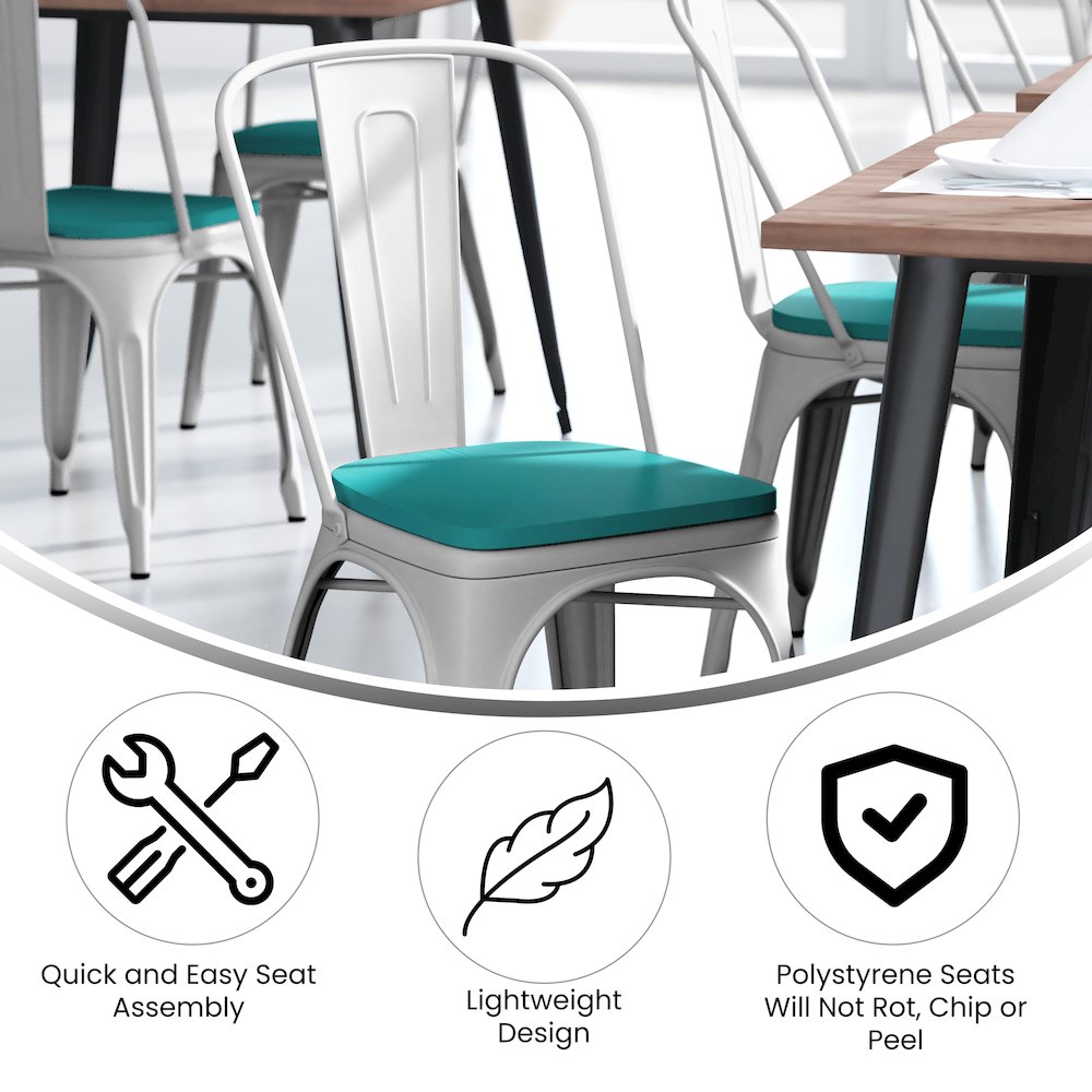 White Metal Indoor-Outdoor Stackable Chair with Mint Green Poly Resin Wood Seat