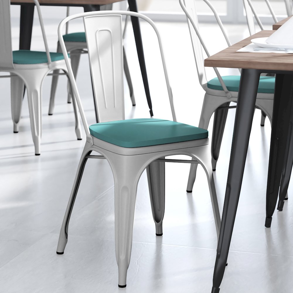White Metal Indoor-Outdoor Stackable Chair with Mint Green Poly Resin Wood Seat