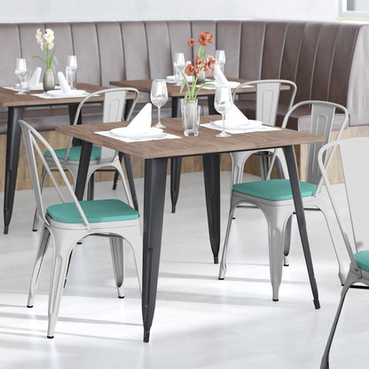 White Metal Indoor-Outdoor Stackable Chair with Mint Green Poly Resin Wood Seat