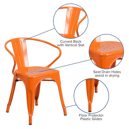 Commercial Grade Orange Metal Indoor-Outdoor Chair with Arms