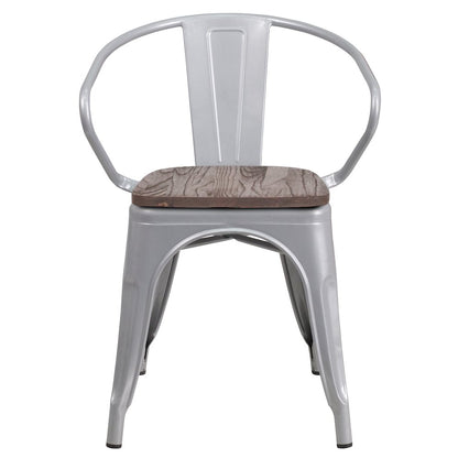 Silver Metal Chair with Wood Seat and Arms
