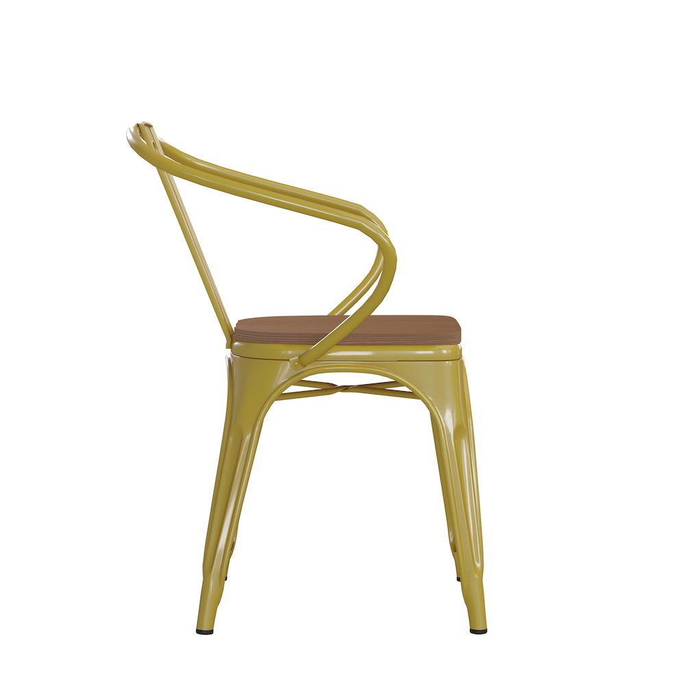 Yellow Metal Indoor-Outdoor Chair with Arms with Teak Poly Resin Wood Seat