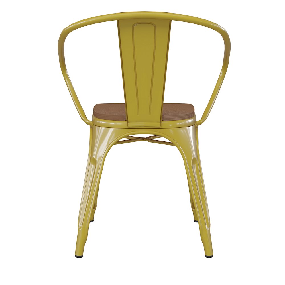 Yellow Metal Indoor-Outdoor Chair with Arms with Teak Poly Resin Wood Seat