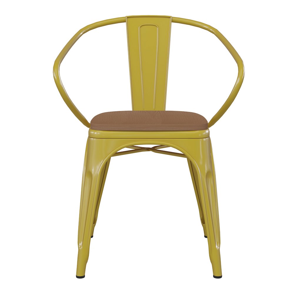 Yellow Metal Indoor-Outdoor Chair with Arms with Teak Poly Resin Wood Seat