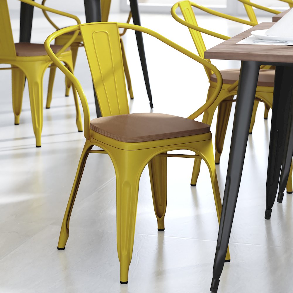 Yellow Metal Indoor-Outdoor Chair with Arms with Teak Poly Resin Wood Seat