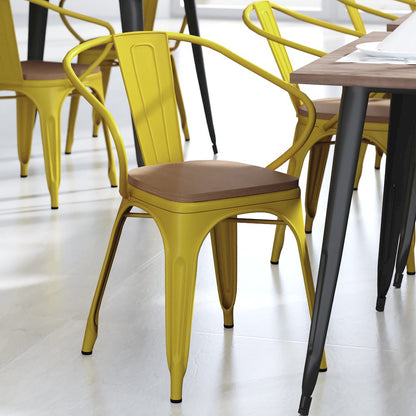 Yellow Metal Indoor-Outdoor Chair with Arms with Teak Poly Resin Wood Seat