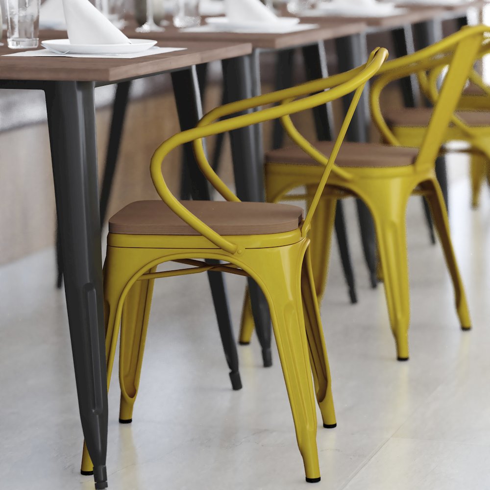 Yellow Metal Indoor-Outdoor Chair with Arms with Teak Poly Resin Wood Seat