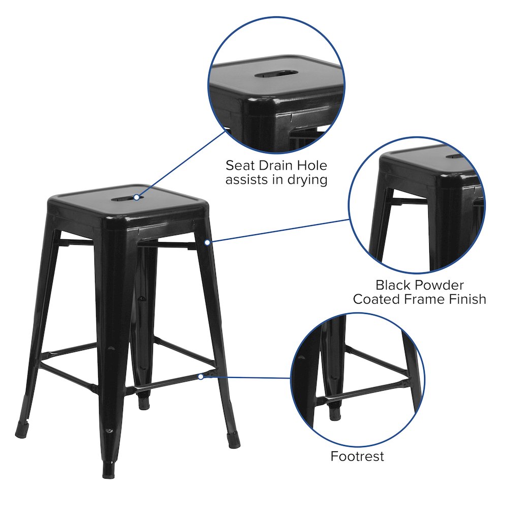 24" High Backless Black Metal Indoor-Outdoor Counter Height Stool with Seat