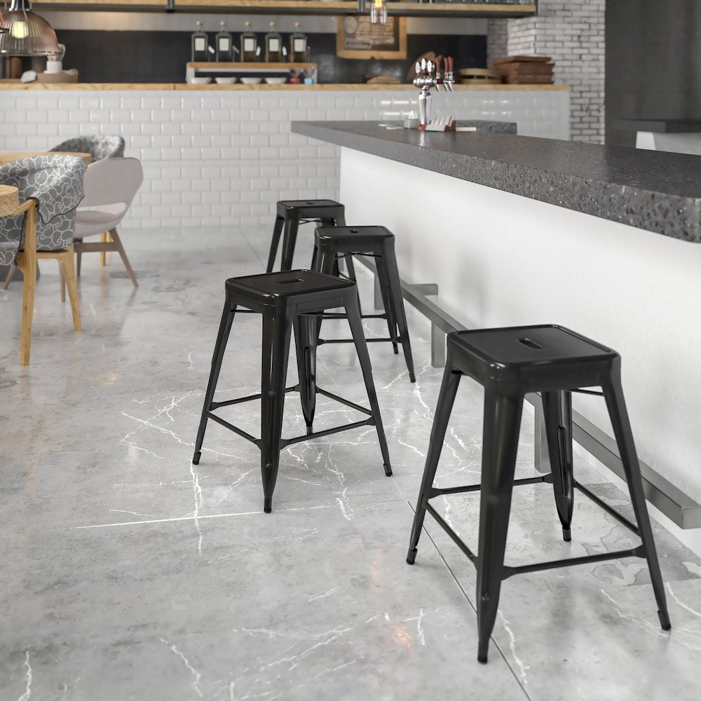 24" High Backless Black Metal Indoor-Outdoor Counter Height Stool with Seat