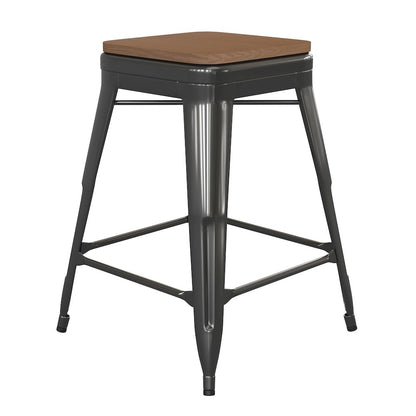 24" High Black Metal Indoor-Counter Height Stool with Teak Poly Resin Wood Seat