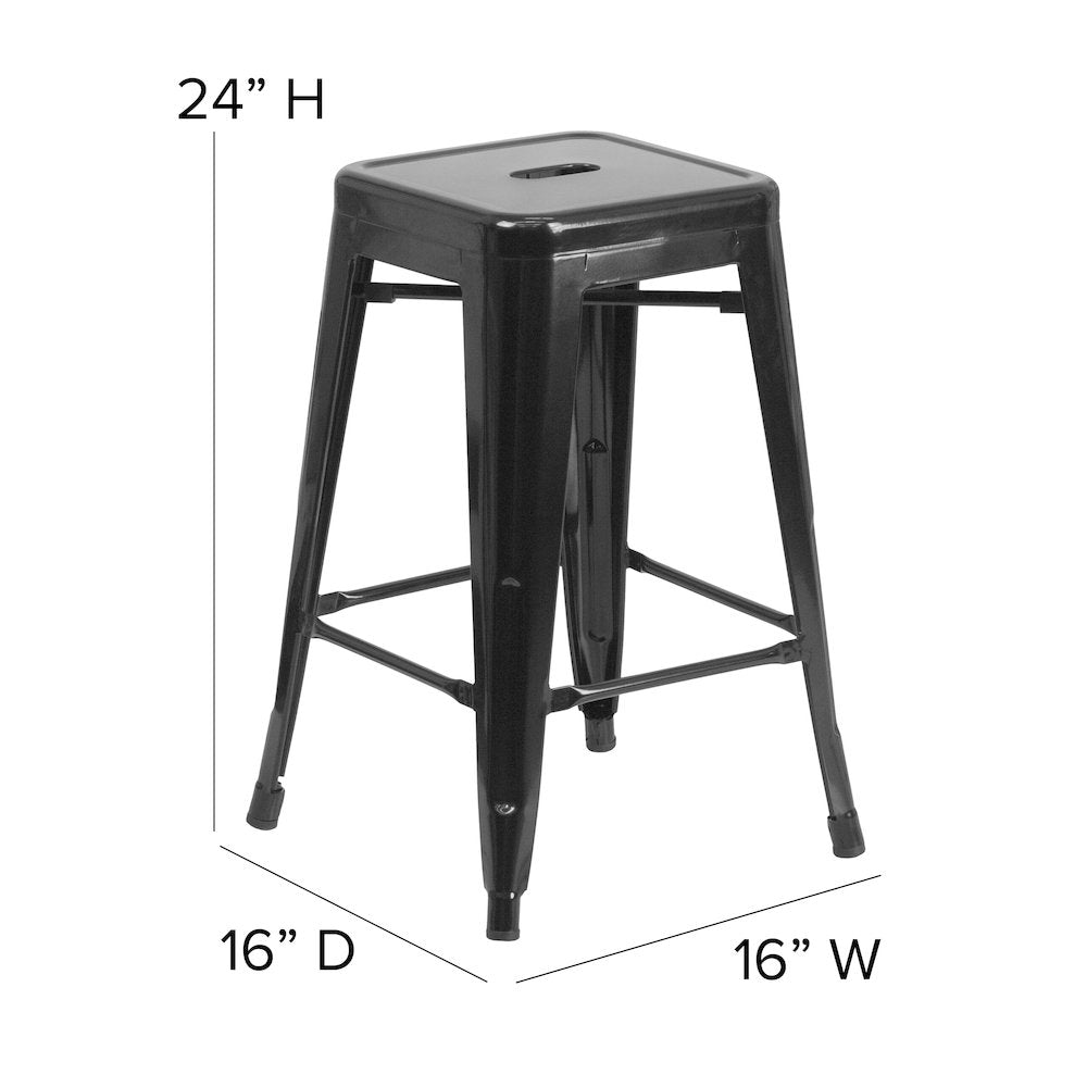 24" High Black Metal Indoor-Counter Height Stool with Teak Poly Resin Wood Seat