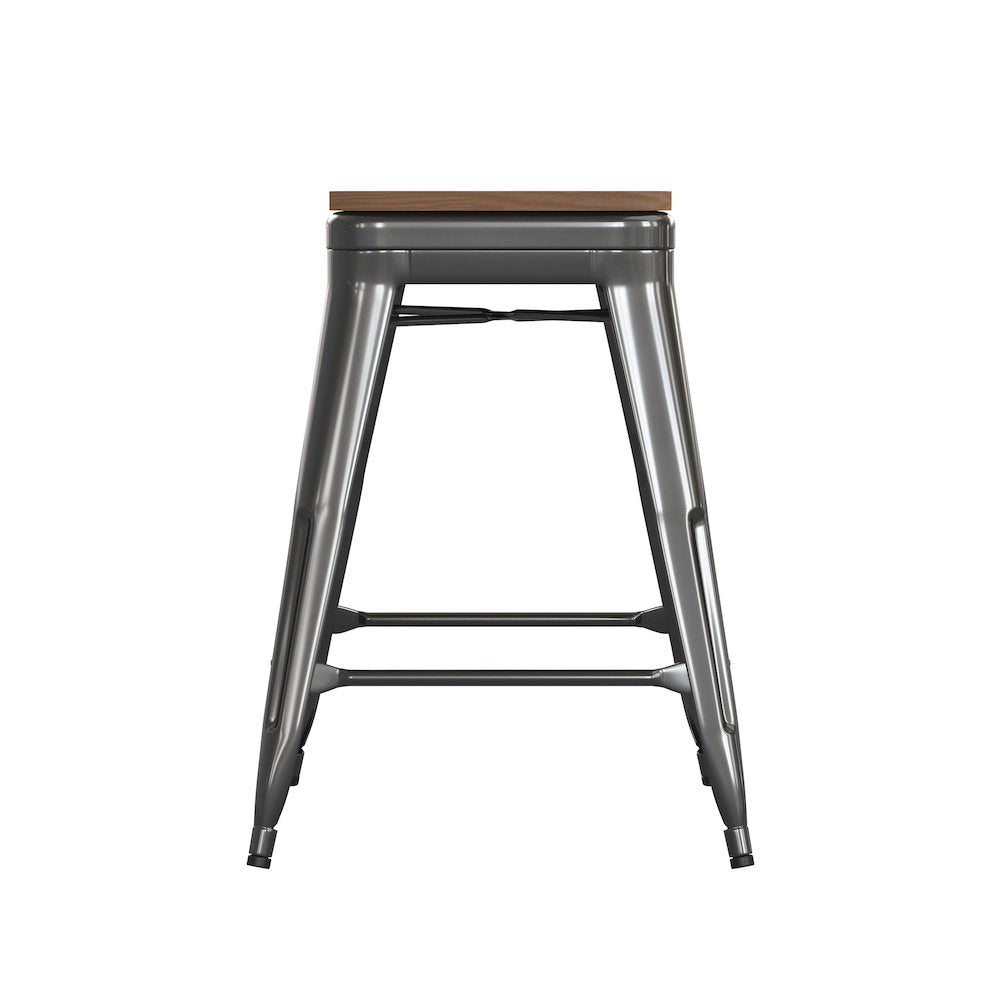 24" High Black Metal Indoor-Counter Height Stool with Teak Poly Resin Wood Seat