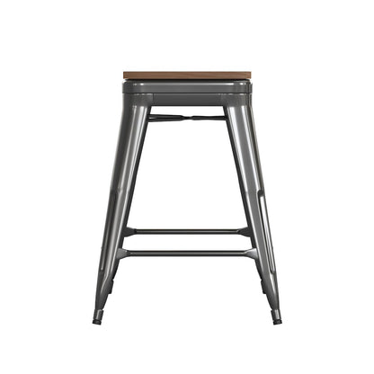 24" High Black Metal Indoor-Counter Height Stool with Teak Poly Resin Wood Seat