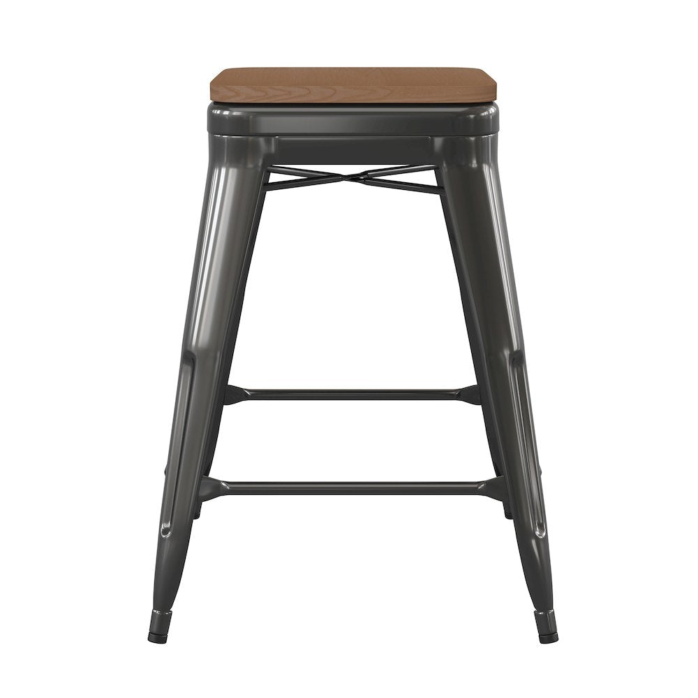 24" High Black Metal Indoor-Counter Height Stool with Teak Poly Resin Wood Seat