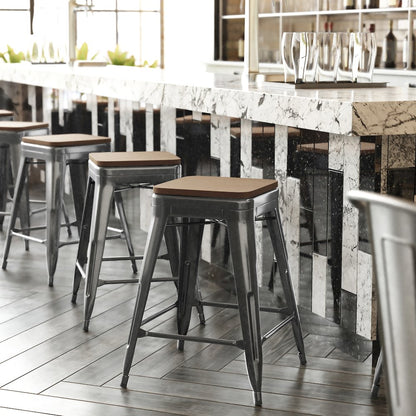 24" High Black Metal Indoor-Counter Height Stool with Teak Poly Resin Wood Seat