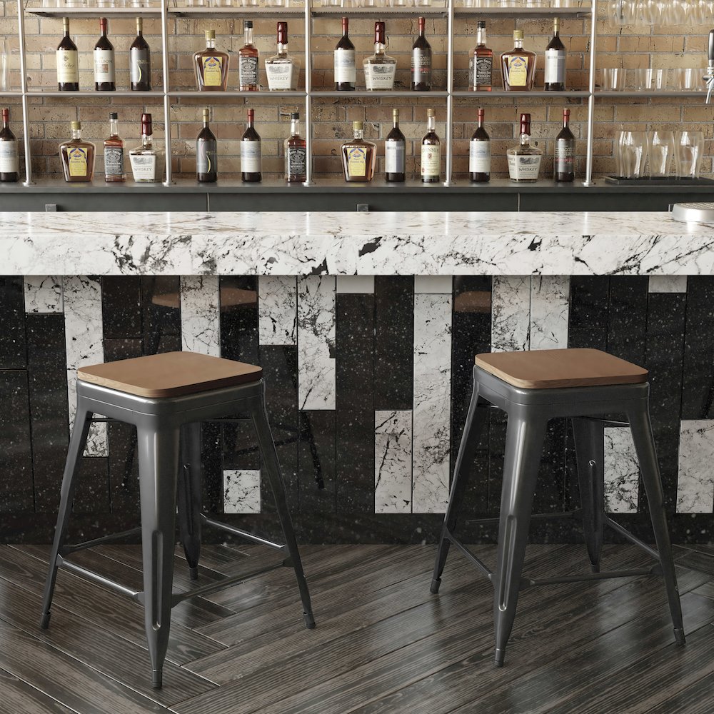 24" High Black Metal Indoor-Counter Height Stool with Teak Poly Resin Wood Seat