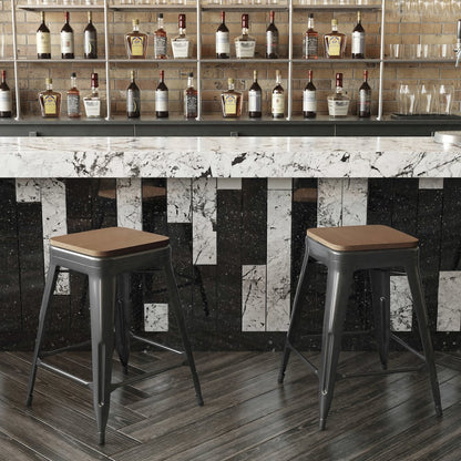 24" High Black Metal Indoor-Counter Height Stool with Teak Poly Resin Wood Seat