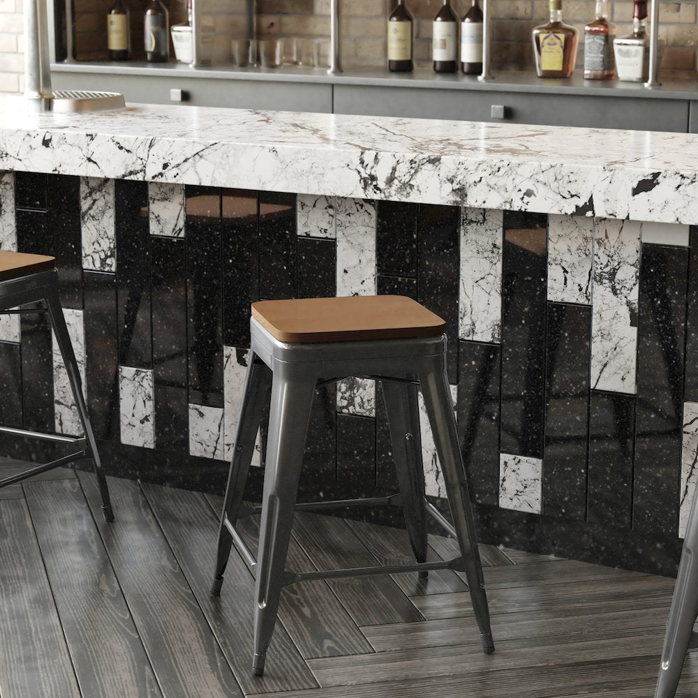 24" High Black Metal Indoor-Counter Height Stool with Teak Poly Resin Wood Seat