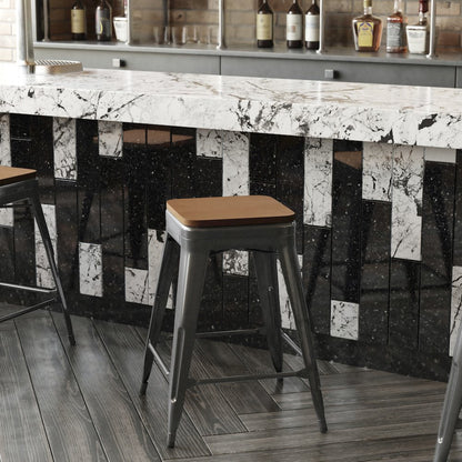 24" High Black Metal Indoor-Counter Height Stool with Teak Poly Resin Wood Seat