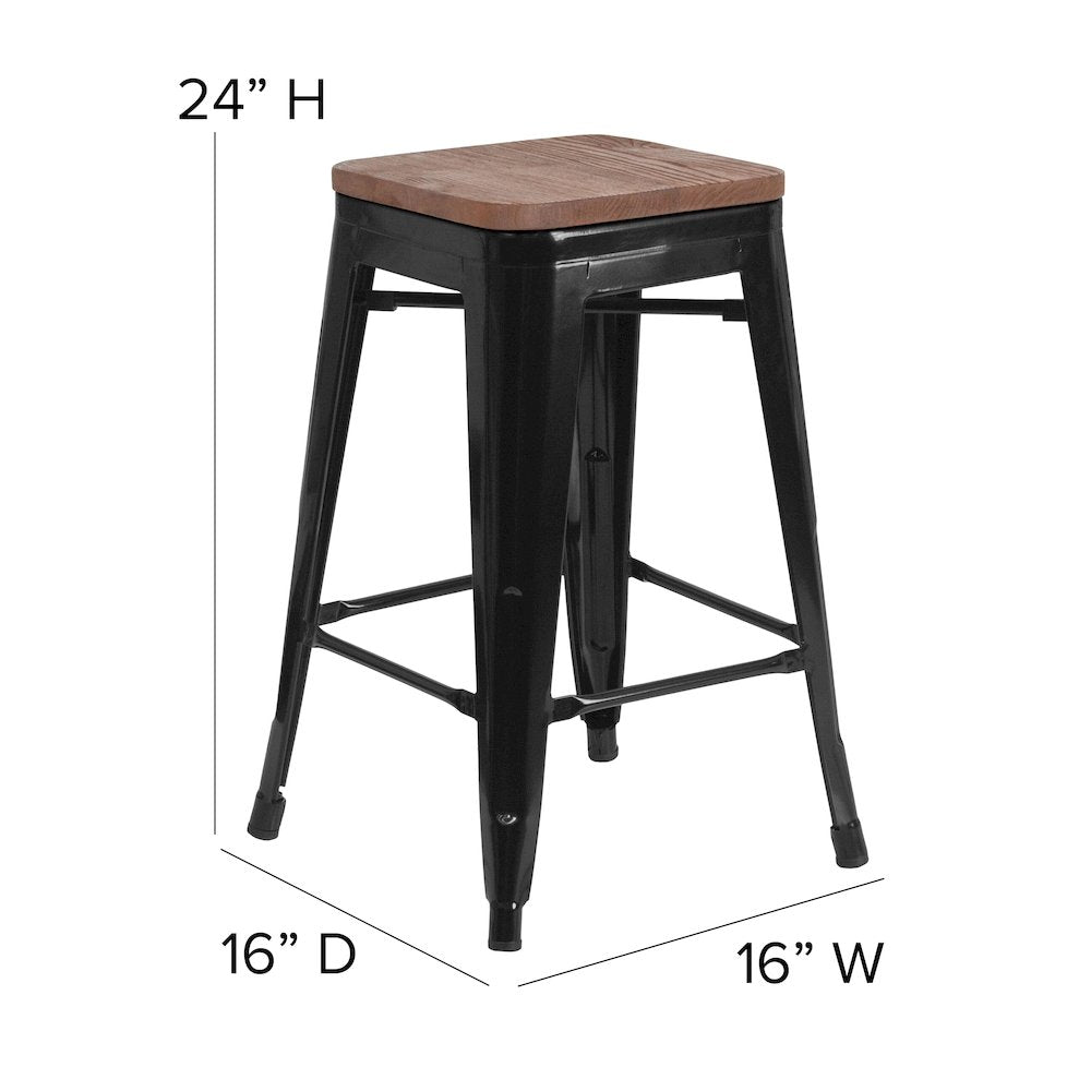 24" High Backless Black Metal Counter Height Stool with Square Wood Seat