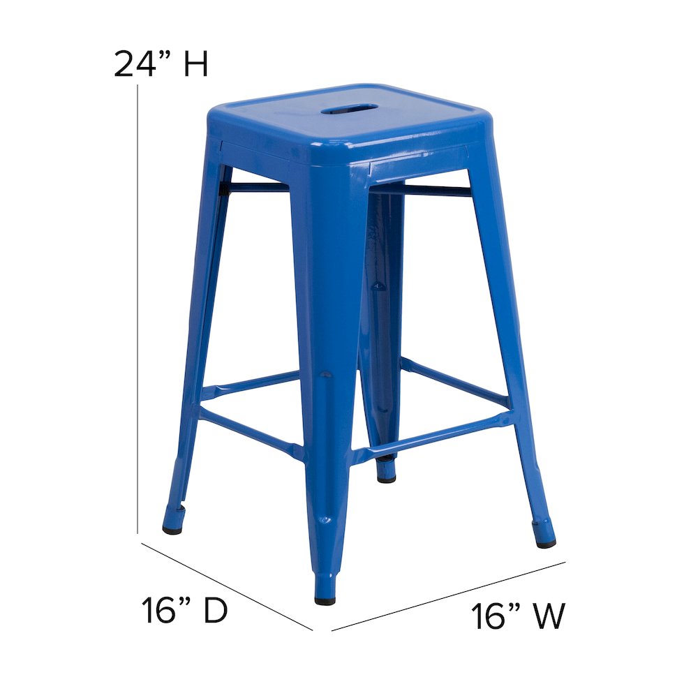 24" High Backless Blue Metal Indoor-Outdoor Counter Height Stool with Seat