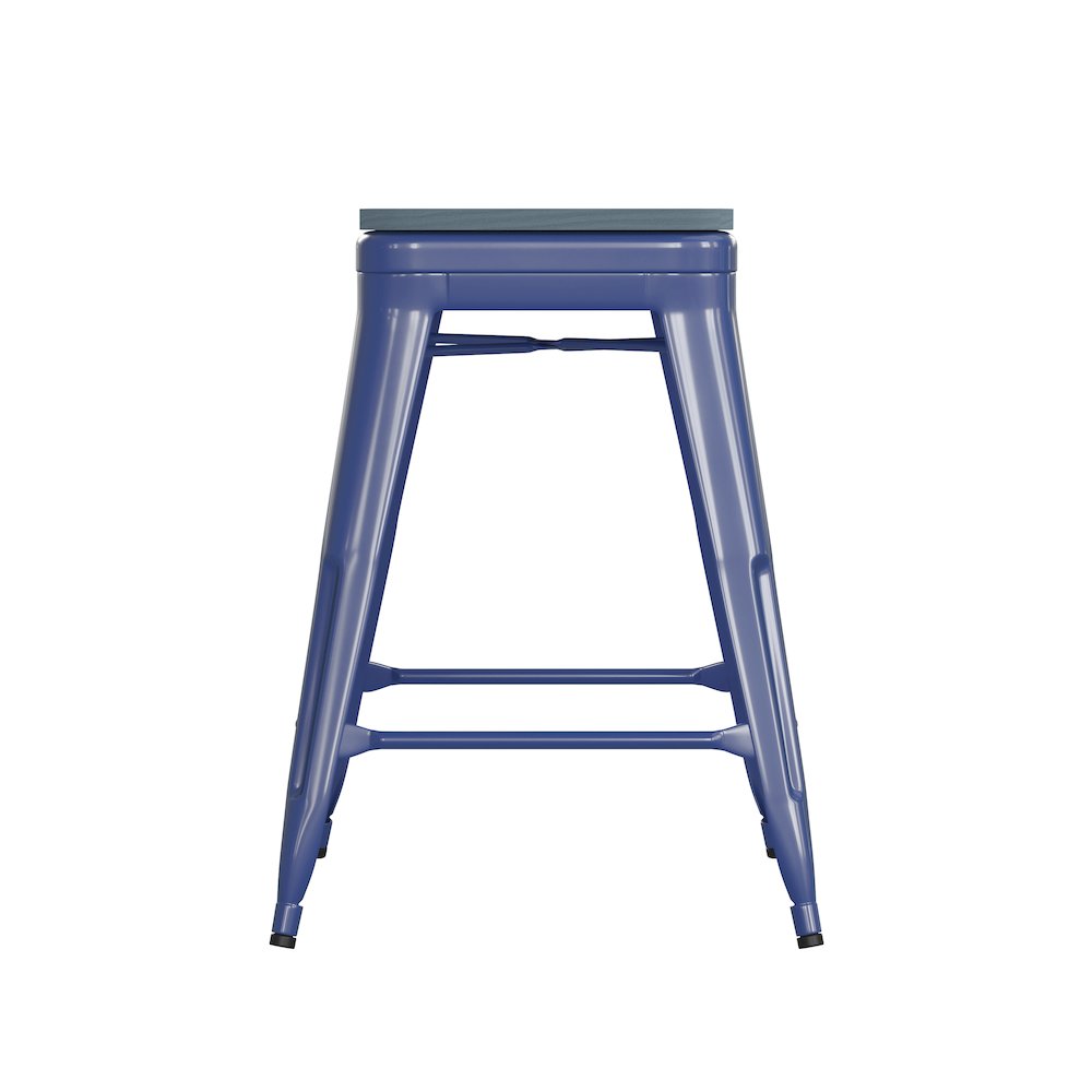 24" High Blue Metal Counter Height Stool with Teal-Blue Poly Resin Wood Seat