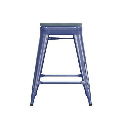 24" High Blue Metal Counter Height Stool with Teal-Blue Poly Resin Wood Seat