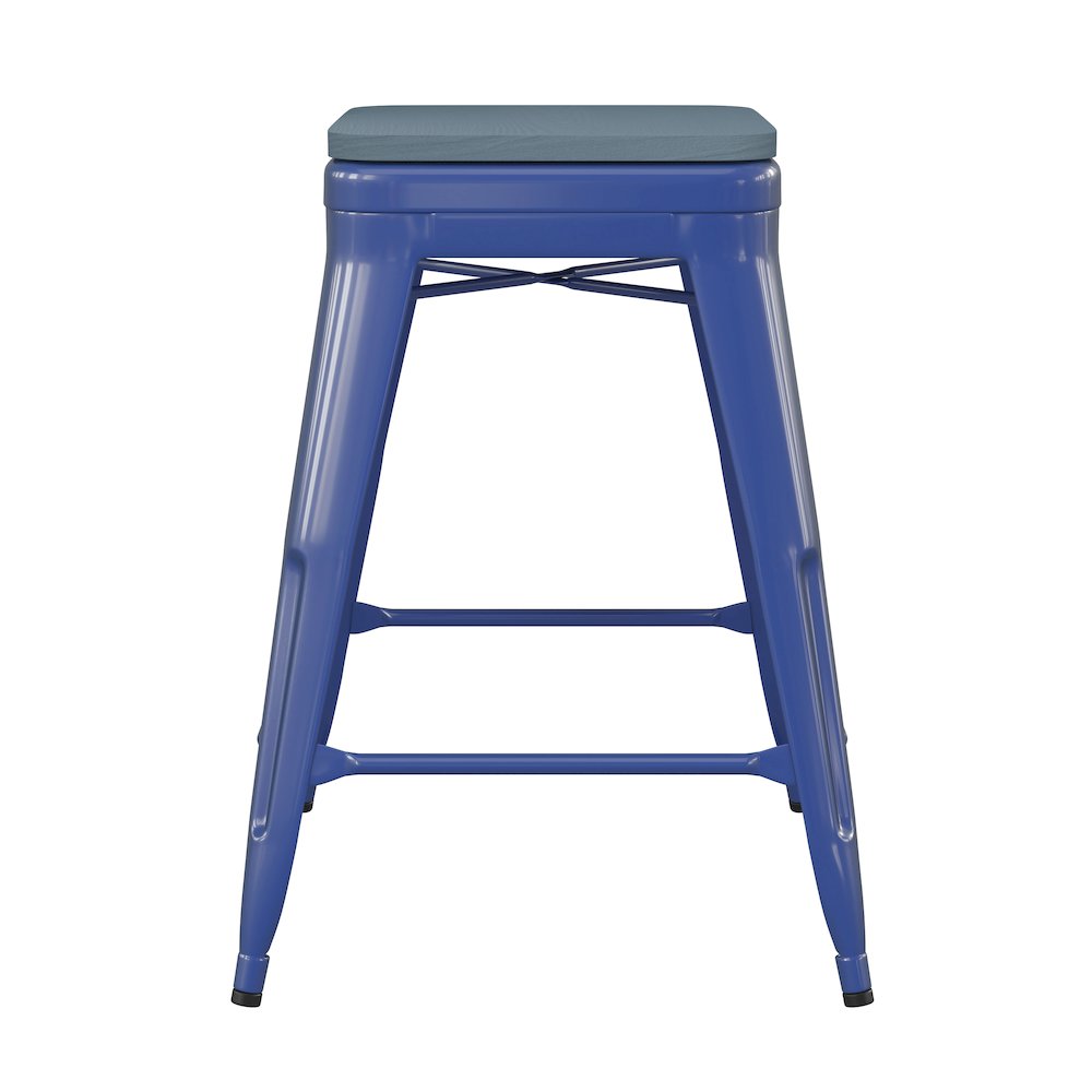 24" High Blue Metal Counter Height Stool with Teal-Blue Poly Resin Wood Seat