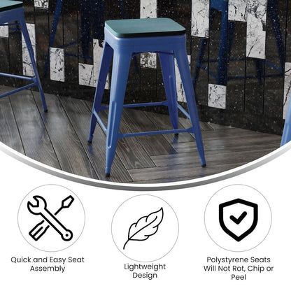 24" High Blue Metal Counter Height Stool with Teal-Blue Poly Resin Wood Seat