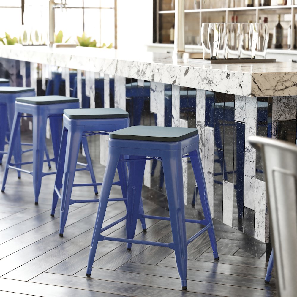 24" High Blue Metal Counter Height Stool with Teal-Blue Poly Resin Wood Seat