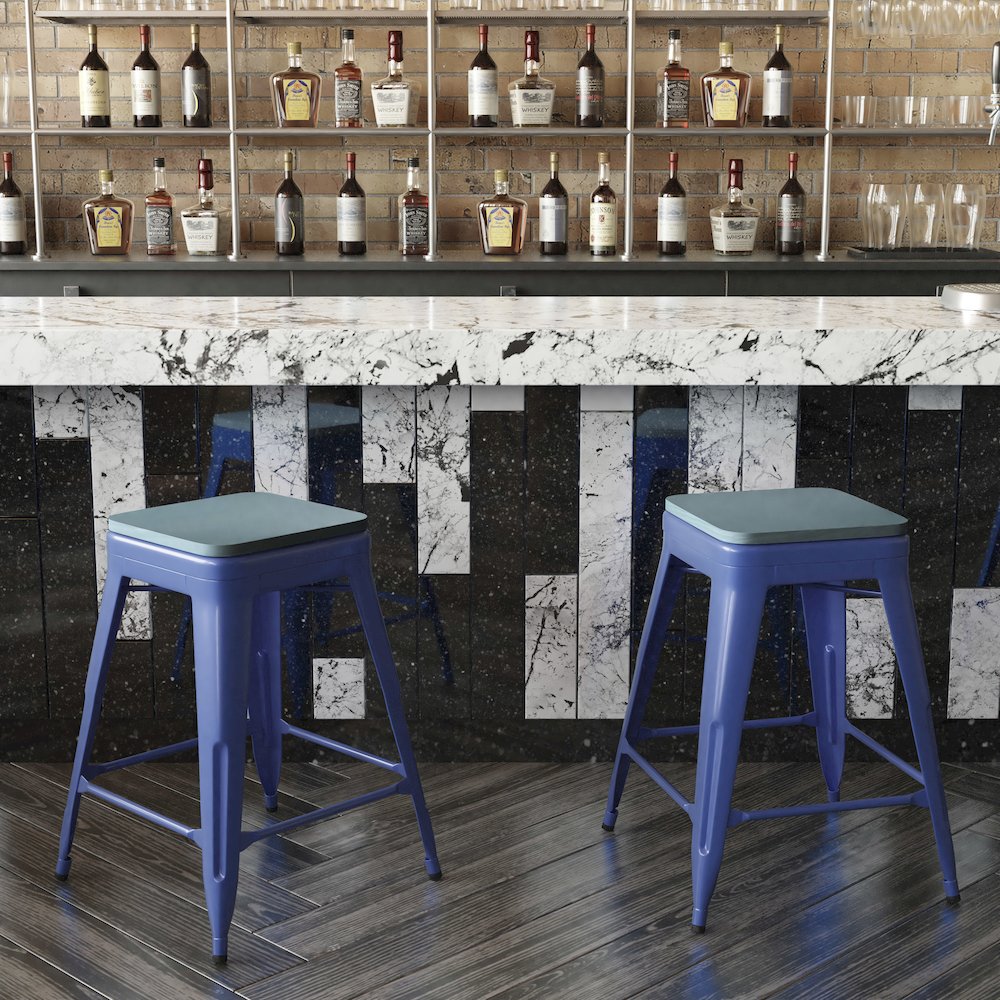 24" High Blue Metal Counter Height Stool with Teal-Blue Poly Resin Wood Seat