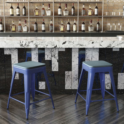 24" High Blue Metal Counter Height Stool with Teal-Blue Poly Resin Wood Seat